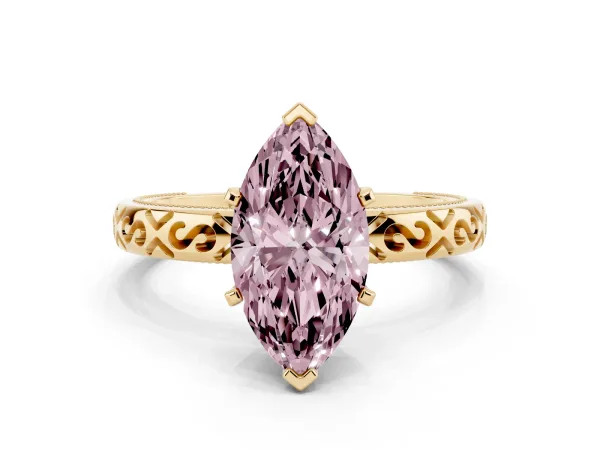 Fancy Pink Marquise Cut Solitaire Engagement Ring with Scrollwork Band and Four-Prong Setting Yellow gold