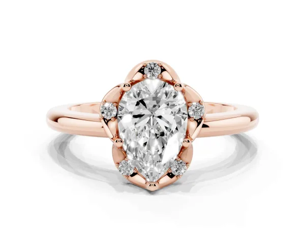 Pear Cut Halo Diamond Ring with Round Cluster Setting, Solitaire Band, and Four-Prong Setting Rose gold