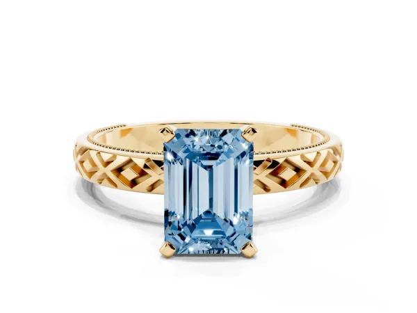 Fancy Blue Emerald Cut Solitaire Diamond Ring with Milgrain and Black Enamel X Pattern Band Yellow gold