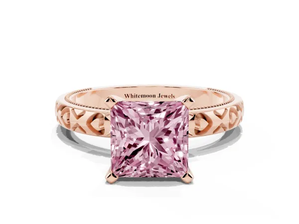 Fancy Pink Princess Cut Solitaire Diamond Engagement Ring with XO Engraved Band and Four-Prong Setting Rose gold