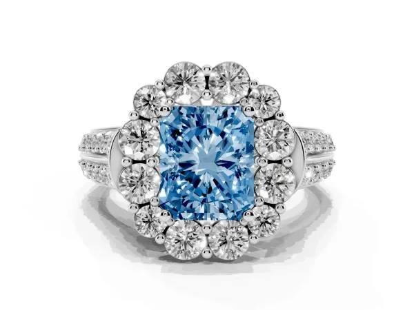 Fancy Blue Radiant Cut Halo Diamond Engagement Ring with Split Shank and Prong Setting Platinum