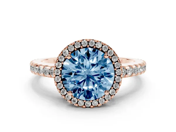 Fancy Blue Round Cut Diamond Halo Engagement Ring with Pavé Band and Prong Setting Rose gold