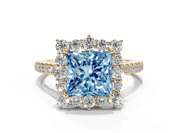 Fancy Blue Princess Cut Halo Diamond Ring with Pavé Band and Prong Setting Yellow gold