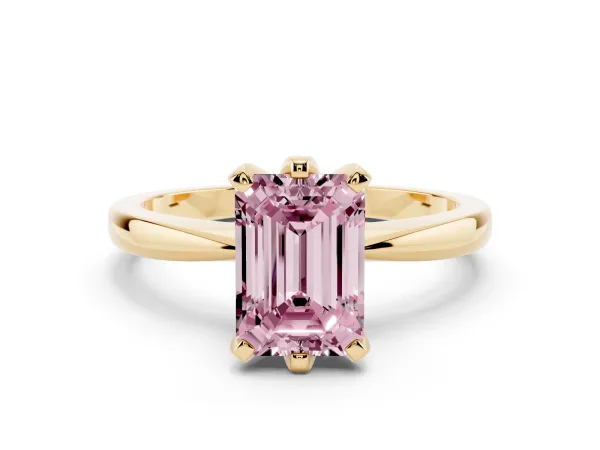 Fancy Pink Emerald Cut Solitaire Engagement Ring with Six-Prong Setting and Tapered Band Yellow gold
