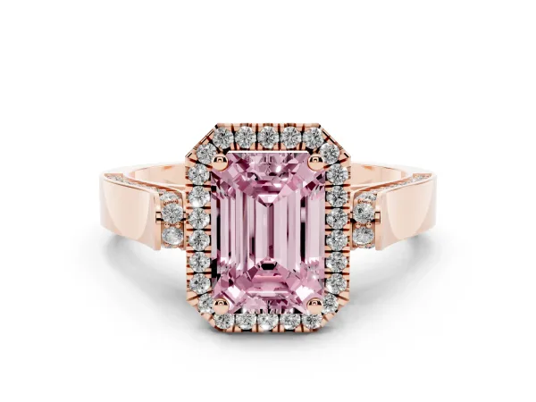 Fancy Pink Emerald Cut Halo Pave Split Shank Prong Setting Ring Rose gold