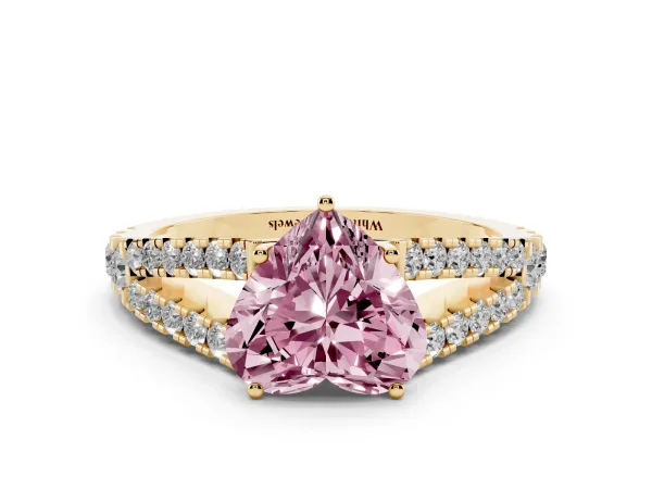 Fancy Pink Heart Cut Diamond Split Shank Pavé Engagement Ring with Four-Prong Setting Yellow gold