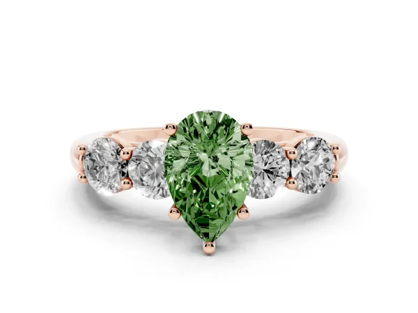 Fancy Green Pear Cut Cut Five-Stone Prong Set Diamond Ring with Classic Band Rose gold