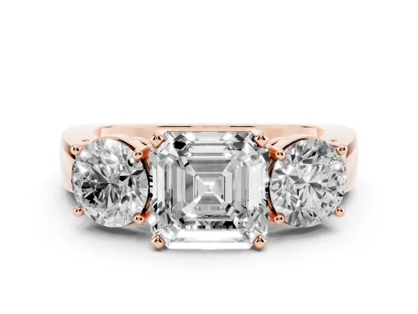 Three-Stone Asscher Cut Diamond Ring with Round Side Stones, Classic Band, and Four-Prong Setting Rose gold
