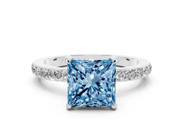 Fancy Blue Princess Cut Diamond Solitaire Engagement Ring with Pavé Band and Four-Prong Setting White gold