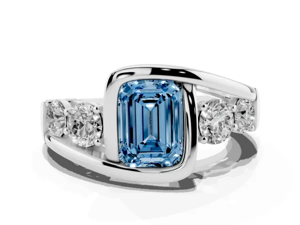 Fancy Blue Bezel Set Emerald Cut Diamond Bypass Ring with Round Accents Platinum