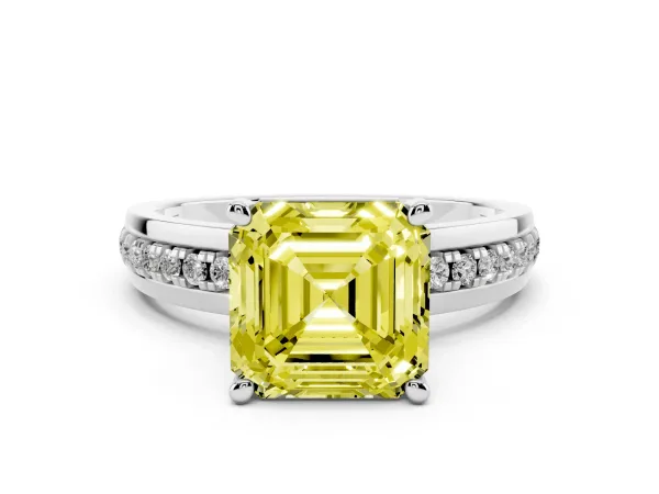 Fancy Yellow Asscher Cut Solitaire Diamond Ring with Channel Set Band and Six-Prong Setting Platinum
