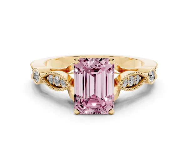 Fancy Pink Emerald Cut Cut Diamond with Milgrain Marquise and Bezel Accents on a Solitaire Band with Prong Setting Yellow gold