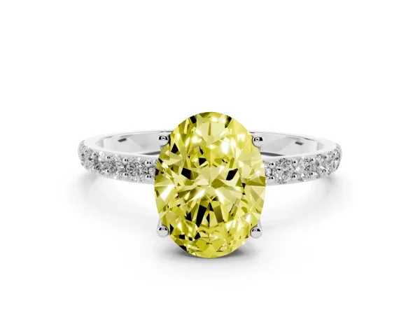 Fancy Yellow Oval Cut Diamond Solitaire Engagement Ring with Round Pavé Band and Prong Setting Platinum