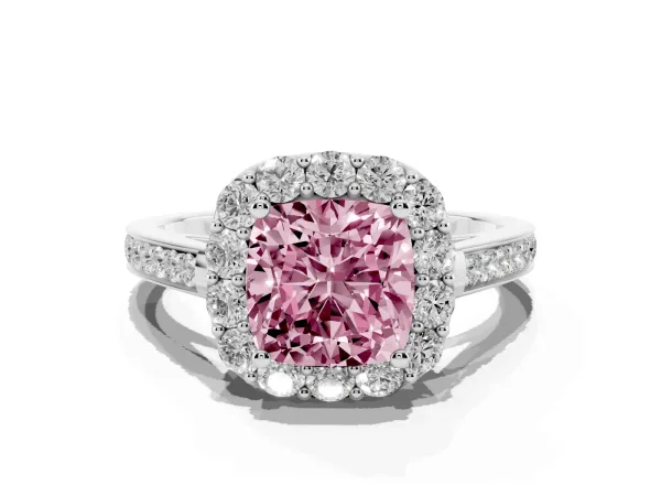 Fancy Pink Cushion Cut Diamond Floral Halo Ring with Pavé Band and Prong Setting Platinum