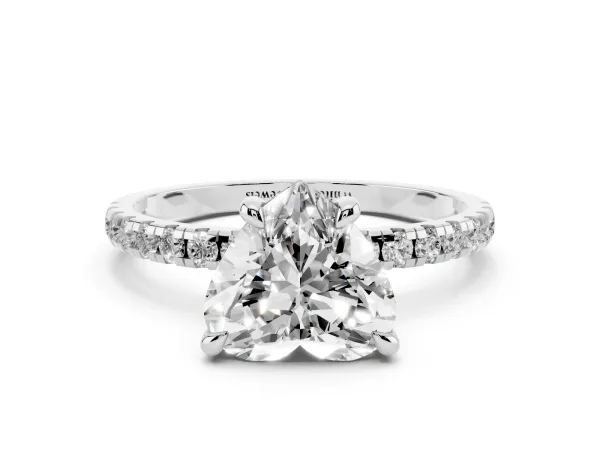 Heart Cut Diamond Brilliant Solitaire Ring with Pavé Band and Four-Prong Setting White gold