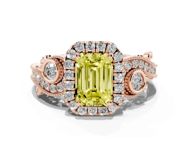 Fancy Yellow Emerald Cut Diamond Halo Ring with Milgrain Pavé Band and Four-Prong Setting Rose gold