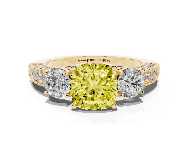 Fancy Yellow Cushion Cut Three-Stone Diamond Ring with Pavé Band and Four-Prong Setting Yellow gold