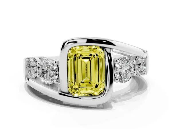 Fancy Yellow Bezel Set Emerald Cut Diamond Bypass Ring with Round Accents Platinum