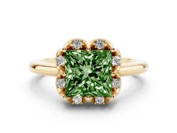 Fancy Green Princess Cut Halo Diamond Ring with Round Cluster Setting, Solitaire Band, and Four-Prong Setting Yellow gold