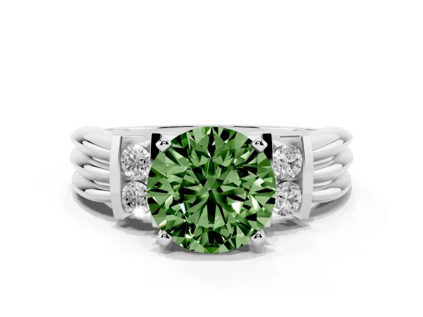 Fancy Green Round Cut Cut Three-Stone Channel Set Ring with Bar Prongs Platinum