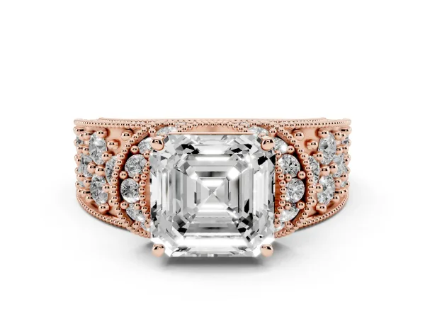 Asscher Cut Halo Pave Diamond Engagement Ring with Milgrain Detailing Rose gold