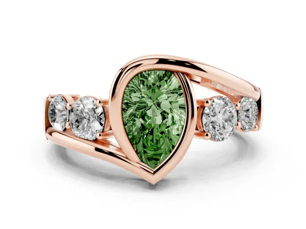 Fancy Green Bezel Set Pear Cut Diamond Bypass Ring with Round Accents Rose gold