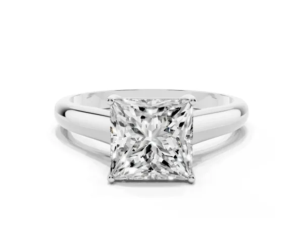 Princess Cut Solitaire Engagement Ring with Tapered Band and Four-Prong Setting White gold