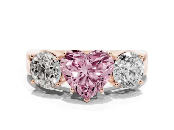 Fancy Pink Three-Stone Heart Cut Diamond Ring with Round Side Stones, Classic Band, and Four-Prong Setting Rose gold