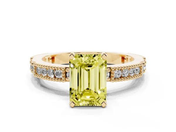 Fancy Yellow Emerald Cut Solitaire with Pavé Band and Four-Prong Setting Yellow gold