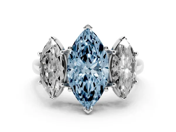 Fancy Blue Three-Stone Marquise Cut Diamond Engagement Ring with Prong Setting Platinum