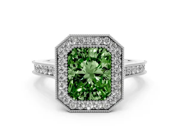 Fancy Green Halo Radiant Cut-Cut Diamond Pave Band Milgrain Prong Setting Ring Platinum