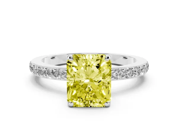 Fancy Yellow Radiant Cut Diamond Pavé Engagement Ring with Round Accents and Prong Setting White gold