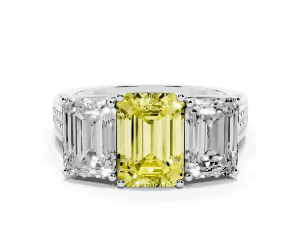 Fancy Yellow Emerald Cut Diamond Three-Stone Ring with Prong Setting and Textured Band Platinum