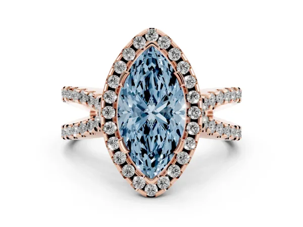Fancy Blue Marquise Cut Diamond Halo Ring with Split Shank Pavé Band and Prong Setting Rose gold