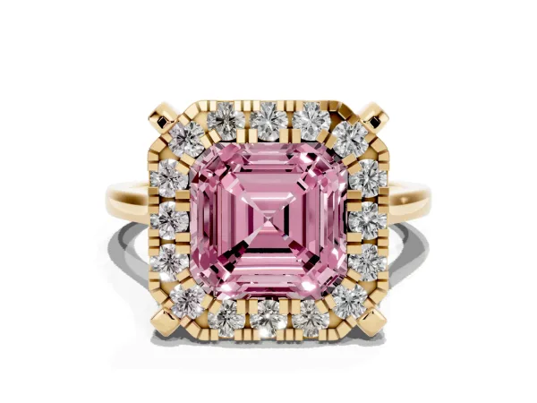 Fancy Pink Asscher Cut Diamond Cluster Halo Solitaire with Four-Prong Setting Yellow gold