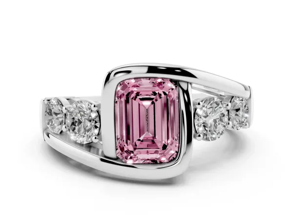 Fancy Pink Bezel Set Emerald Cut Diamond Bypass Ring with Round Accents Platinum