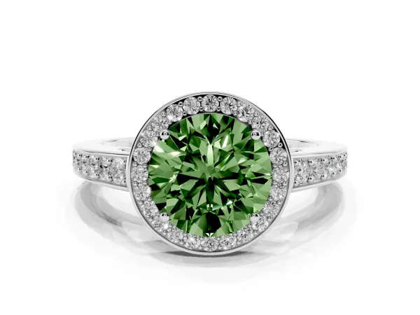 Fancy Green Round Cut Halo Pavé Diamond Engagement Ring with Bezel Setting White gold