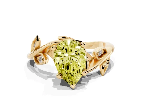 Fancy Yellow Pear Cut Solitaire Twist Engagement Ring with Leaf Accents and Prong Setting Yellow gold