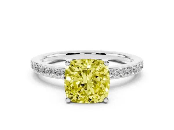 Fancy Yellow Cushion Cut Cut Diamond Pavé Band Ring with Four-Prong Setting Platinum