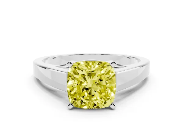 Fancy Yellow Cushion Cut Solitaire Engagement Ring with Four-Prong Setting and Tapered Band Platinum