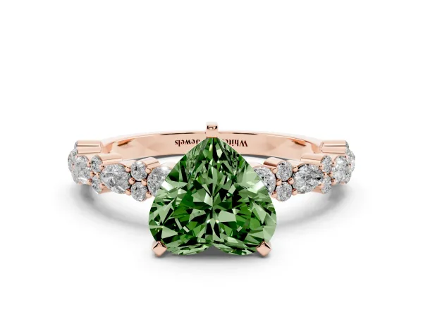 Fancy Green Heart Cut Diamond Side Stone Solitaire Ring with Round and Four-Prong Setting Rose gold