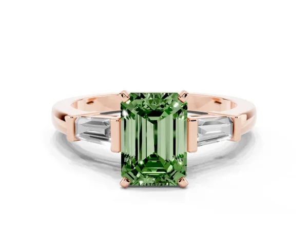 Fancy Green Emerald Cut Cut Diamond Solitaire Ring with Tapered Baguette Accents and Four-Prong Setting Rose gold