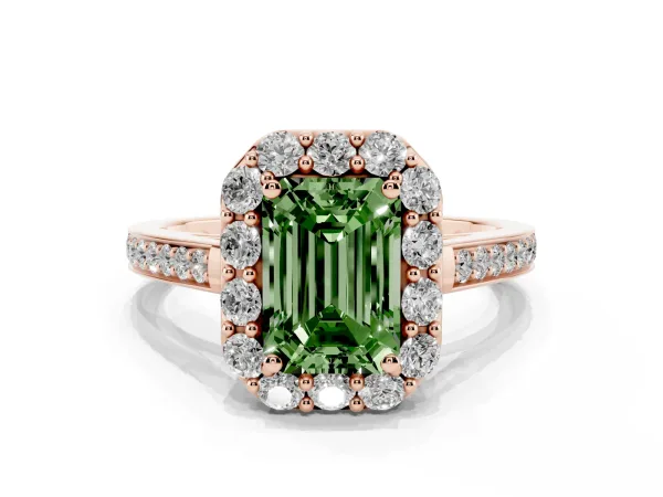 Fancy Green Emerald Cut Diamond Floral Halo Ring with Pavé Band and Prong Setting Rose gold