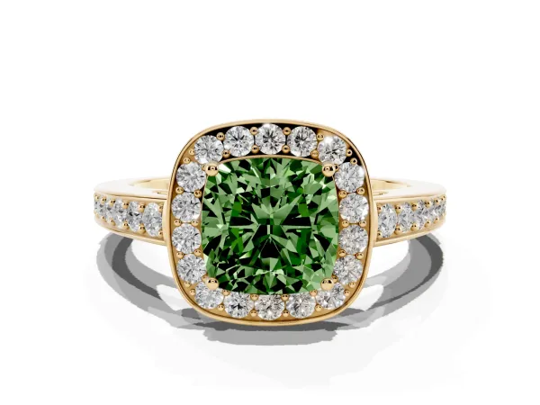 Fancy Green Cushion Cut Halo Pavé Diamond Engagement Ring with Bezel Setting Yellow gold