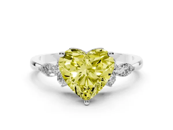 Fancy Yellow Heart Cut Brilliant Diamond Solitaire Ring with Pear Side Stones and Four-Prong Setting White gold