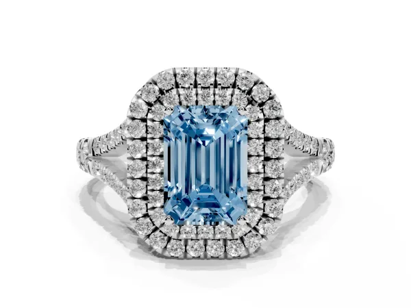 Fancy Blue Emerald Cut Diamond Pavé Split Shank Double Halo Engagement Ring Platinum