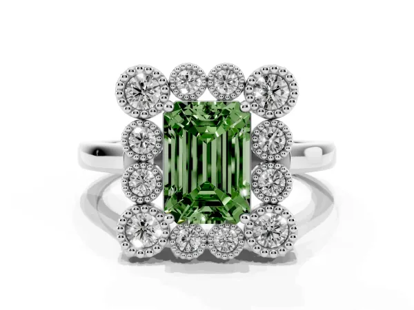 Fancy Green Emerald Cut Halo Diamond Cluster Engagement Ring with Milgrain Bezel Setting and Solitaire Band White gold