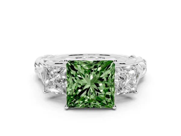 Fancy Green Three-Stone Princess Cut Diamond Braided Band Ring with Four-Prong Setting White gold