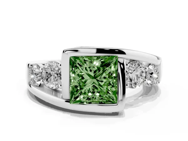 Fancy Green Bezel Set Princess Cut Diamond Bypass Ring with Round Accents Platinum