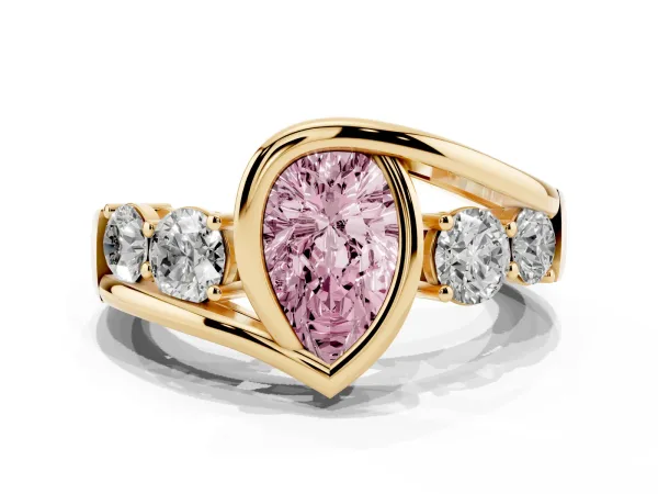 Fancy Pink Bezel Set Pear Cut Diamond Bypass Ring with Round Accents Yellow gold
